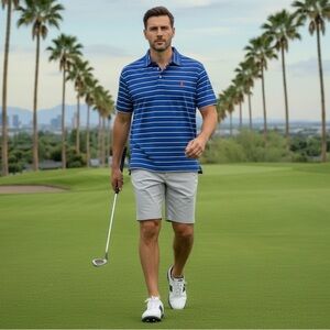 Polo Ralph Lauren Performance Polo Shirt XL Blue Striped Golf Athletic